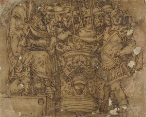 ポルセンナの前で炎に手を入れるムキウス・スカエヴォラ 作： Polidoro da Caravaggio