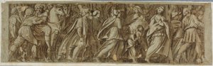 テベレ川を渡ってローマ競技大会に参加するサビネス 作： Polidoro da Caravaggio