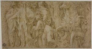 ニオベの物語：崇拝者から贈り物を受け取るニオベ。 青春と馬 作： Polidoro da Caravaggio