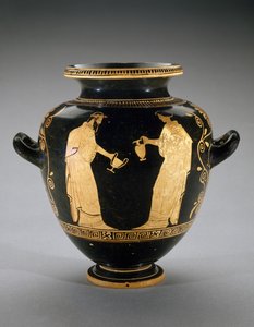 侍女とディオニュソスのシーンを持つ赤像式スタノムス、紀元前440-420年（テラコッタ） 作： Polygnotos Polygnotos