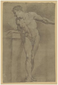 パラペットにもたれて立っている男性モデルの研究 作： Pompeo Batoni