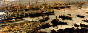 ジェノバの港、マリアーニの絵 作： Pompeo Mariani