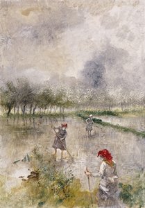 田んぼの女（カラーで印刷されたモノタイプ、クレヨンで強調） 作： Pompeo Mariani