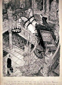 陛下に4つ目の喫煙室から出るように言ってきてくれないか、ジャクソン。そうすれば、7番目の伯爵についての退屈な話がどれほど間違っているか、はっきりとわかるだろう」『パンチ』1937年6月7日号掲載（紙にペンとインク）。 作： Pont
