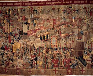 アフリカの征服：「1471年、ポルトガル艦隊によるモロッコのアシラ（アルジーラ）の占領」16世紀ポルトガル派のタペストリーの断片。リスボン、国立古代美術博物館