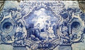 受胎告知を描いた装飾パネル、ポルトガル、ラメゴ。1738年（セラミックタイル 作： Portuguese School