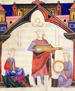Fol.12vシャンソニエデノーブルの、ギターとタンバリンを演奏するミュージシャン
