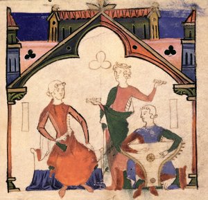 Fol.4rシャンソニエデノーブルのカスタネットと詩篇を演奏するミュージシャン 作： Portuguese School