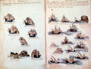 マニュエル1世（1469-1521）の下でのポルトガルの艦隊を表した原稿ページ「Memorials of the armadas of the King Manuel I (1469-1521)」。紀元前1523年 パリ