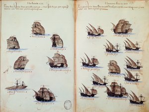 マニュエル1世（1469-1521）の下でのポルトガルの艦隊を表す「Memorials of armadas of the King Manuel I (1469-1521)」の原稿ページ