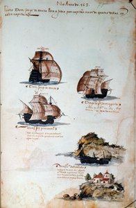 1497年のポルトガルの艦隊を表す「マヌエル1世（1469-1521）の下でのポルトガルの艦隊の記憶」という写本のページ。1500年リスボン、国立古代美術博物館 作： Portuguese School