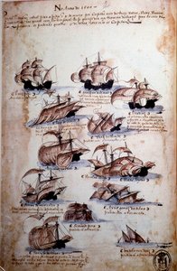 1497年のポルトガルの艦隊を表す「マヌエル1世（1469-1521）の下でのポルトガルの艦隊の記憶」という写本のページ。1500年リスボン、国立古代美術博物館