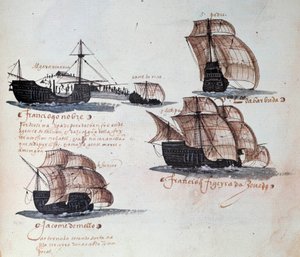 マヌエル1世（1469-1521）の下でのポルトガルの軍隊の記念品：ポルトガル艦隊のキャラベルの表現。1497年の写本のミニチュア。リスボン国立古代美術博物館 作： Portuguese School