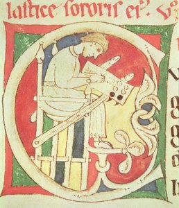 Ms 22 fol.139rサンタクルスデコインブラのVitae Sanctorumからの、修道士の執筆を描いた歴史のある頭文字C 作： Portuguese School