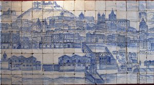 1755年の地震前のリスボンのパノラマ - 18世紀初頭のアズレージョ、テントゥガル伯爵の旧宮殿のパネル警告、リスボン（1755年の地震前のリスボンの大パノラマ、18世紀初頭のファイアンス、旧宮殿