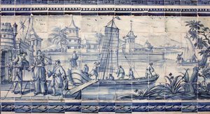 アジアの川岸の風景 - アズレージョ、ファイアンスのペイント 作： Portuguese School
