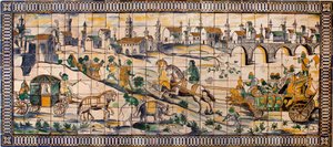 Singerie, the marriage of the hens - Tile panel, circa 1665, from the old farm of Cadriceira, in Turcifal, Torres Vedras (Portugal) (鶏の結婚式、タイルパネル、1665年頃) - Musee national des azulejos, Lisbon (Portugal) 作： Portuguese School