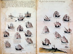 軍艦。マヌエル1世（1469年～1521年）時代のポルトガルの軍隊の記憶。1505年の写本。パリBN