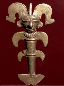 プレコロムビア美術、キンバヤ文明（コロンビア）：金製の擬人化ペンダント。西暦400-1400年。コロンビア、ボゴタ、Museo de Oro