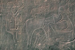 人物と動物（岩絵） 作： Prehistoric