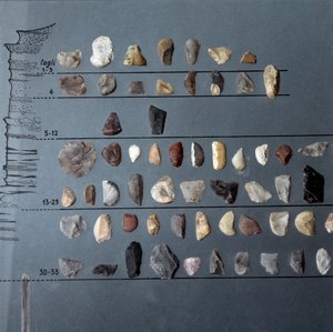 先史時代、ポンティニアーノの文化：ラツィオ州モッセリーニ洞窟の石とフリント（石器の生産）。石器時代。上部旧石器時代。ローマ、ルイジ・ピゴリーニ国立先史学・エトノグラフィコ博物館