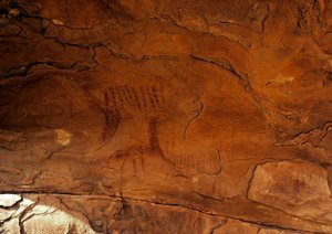 先史時代：壁画。石器時代 5000-2000 BC。アルジェリア、ホッグガル高原（アハガル）、タギット 作： Prehistoric Prehistoric