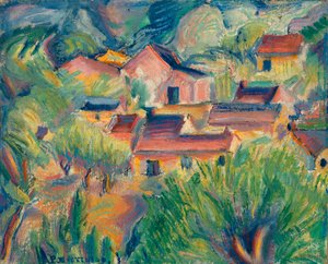 家と風景、カリフォルニア州。 1918年。 作： Preston Dickinson