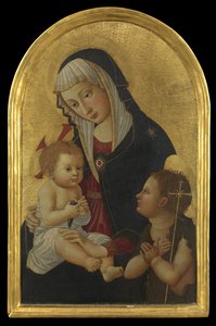 1460年以降のゴールドフィンチと幼児聖ヨハネの聖母子（パネルのテンペラ） 作： Pseudo Pier Francesco Fiorentino
