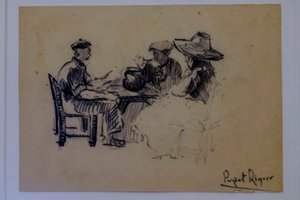 座った人物、ナルシス・プゲ・リケル、木炭画、プゲ美術館、カン・ローディスの貴族の家、ダルト・ビラ、イビサ島、スペイン、バルアリク諸島 作： Puget Riquer