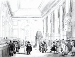 イングランド銀行、グレートホール、アッカーマンの「ロンドンの小宇宙」、1809年（アクアチント） 作： Pugin and Rowlandson