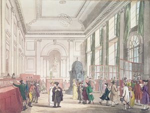 イングランド銀行、グレートホール、アッカーマンの「ロンドンの小宇宙」、1809年（アクアチント） 作： Pugin and Rowlandson