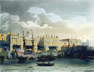ジョンブルック（fl.1791-1819）、1808（アクアチント）によって彫刻されたアッカーマンの「ロンドンの小宇宙」からのテムズ川のカスタムハウス 作： Pugin and Rowlandson