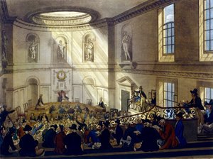 ジョセフコンスタンティンスタドラー（fl.1780-1812）、1808（アクアチント）によって彫刻された「ロンドンのアッカーマンの小宇宙」からのインディアハウス、ザセールルーム 作： Pugin and Rowlandson