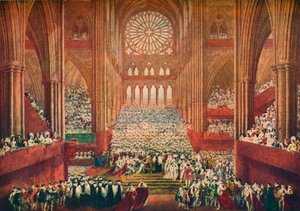 1821 1906 年、ロンドンのウェストミンスター寺院で行われたジョージ 4 世の戴冠式。 作： Pugin and Stephanoff