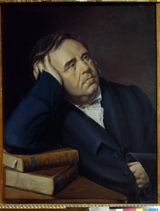 fabulist Ivan A. Krylov (1769-1844) の肖像 (fabulist I.A. Krylov の肖像)。 Pyotr Alexeevich Olenin (1828-1855) の作品、紙にパステル 作： Pyotr Alexeevich Olenin