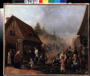 1812年のロシア・フランス戦争の場面 (Scene of the Russian French War in 1812). Pyotr Ilyich Baykov (1817-?) による絵画。 キャンバスに油彩、45.3 x 55.5 cm 作： Pyotr Baykov