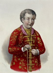ロシアの大公シメオン アレクセイエビッチ (1665-1669) (ロシアのツァレビッチ シメオン アレクセイエビッチ)。 ピョートル フョードロヴィッチ ボレル (1829-1898) の作品、1860 年頃のリトグラフ。19 世紀のロシア美術、新古典主義。 ロシア国立図書館、モスクワ。 作： Pyotr Fyodorovich Borel