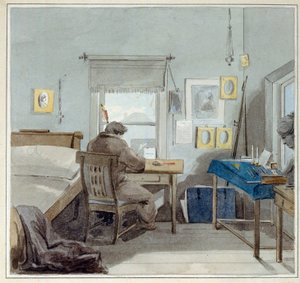 職場で。 Pavel Nashchokin (1801-?) の家 (モスクワ)。 （職場で。Pavel Nashchokin Houseで）。 ピョートル (ピョートル) フョードロヴィチ ソコロフ (ピエール ソコロフ) (1791-1848) の作品、紙に水彩 作： Pyotr Fyodorovich Sokolov