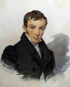 Vasily Joukovski (1783-1852)、ロシアの詩人の肖像 (詩人の Vasily Zhukovsky の肖像)。 Piotr (Pyotr) Fiodorovitch Sokolov (Peter Sokolov) (1791-1848) の作品、1820 年頃。紙に水彩。 サンクトペテルブルク、美術館 A. プーシキン記念美術館 作： Pyotr Fyodorovich Sokolov