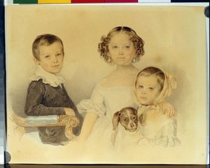 ランスコイ家の子供たちの肖像画。 ピョートル (ピョートル) フョードロヴィチ ソコロフ (ピエール ソコロフ) (1791-1848) の作品、厚紙に水彩 作： Pyotr Fyodorovich Sokolov