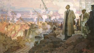 マキシム・ゴーリキー（1868-1936）、水力発電所「ドニエプロゲス」建設にて 作： Pyotr Ivanovich Kotov