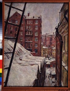 21 ミャスニツカヤ通り、モスクワ (ミャスニツカヤ通り、21). 雪の下の都市風景。 Pyotr Ivanovich Lvov（1882-1944）による絵画、キャンバスに油彩 作： Pyotr Ivanovich Lvov
