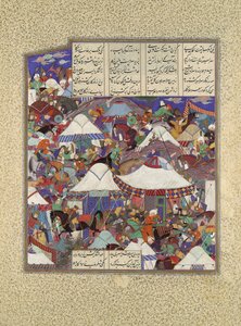 夜に襲われた取り憑かれたイランのキャンプ、シャーナマからのフォリオ241r...、ca。 1525-30。 作： Qadimi