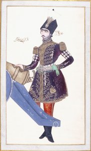 ナシル・アル・ディン・シャーの肖像、大砲で休む手、c。 1853-4 作： Qajar School