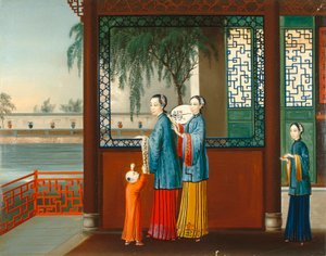 家庭内、1800年頃（キャンバスに油彩） 作： Qing Dynasty Chinese School