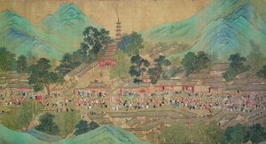 Chaio Ping Chen (1661-1722) の後、1699 年に康熙帝が江漢を訪れた (裏地がシルクの紙にインクとカラー) 作： Qing Dynasty Chinese School