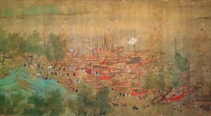 Chaio Ping Chen (1661-1722) の後、1699 年に康熙帝が江漢を訪れた (絹の裏紙にインクとカラー) 作： Qing Dynasty Chinese School