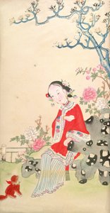 素朴な岩の椅子に座っている女の子 作： Qing Dynasty Chinese School