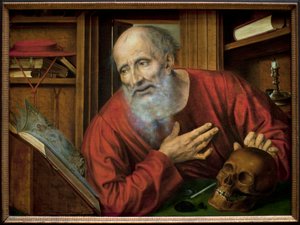 独房の中の聖ジェローム。クエンティン・メッツィス（Quinten Metsys）（1466-1530）の絵画、16世紀前半、フランドル地方の原始美術。オーストリア、ウィーンの美術史博物館。