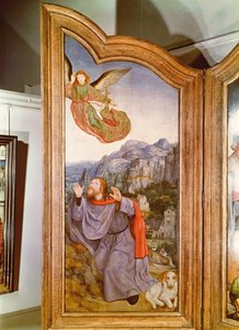聖なる親族、または聖アンの祭壇画、1509年のヨアヒムへの受胎告知を描いた左パネルの詳細 作： Quentin Massys or Metsys